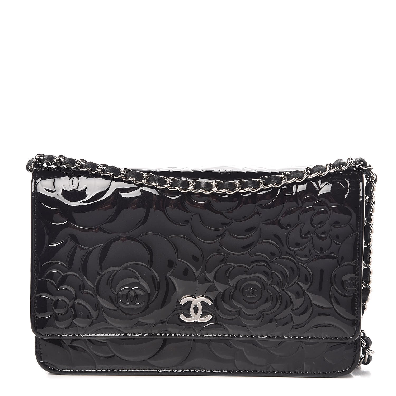 Chanel Patent Camellia Embossed Wallet On Chain WOC Black 1 of 11