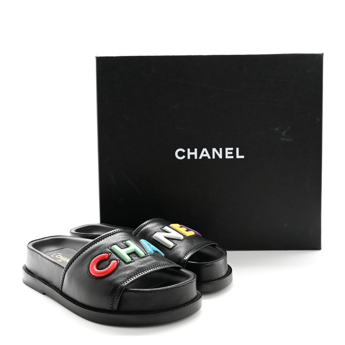 Lambskin Cha-Nel Mule Sandals 35 Black Multicolor