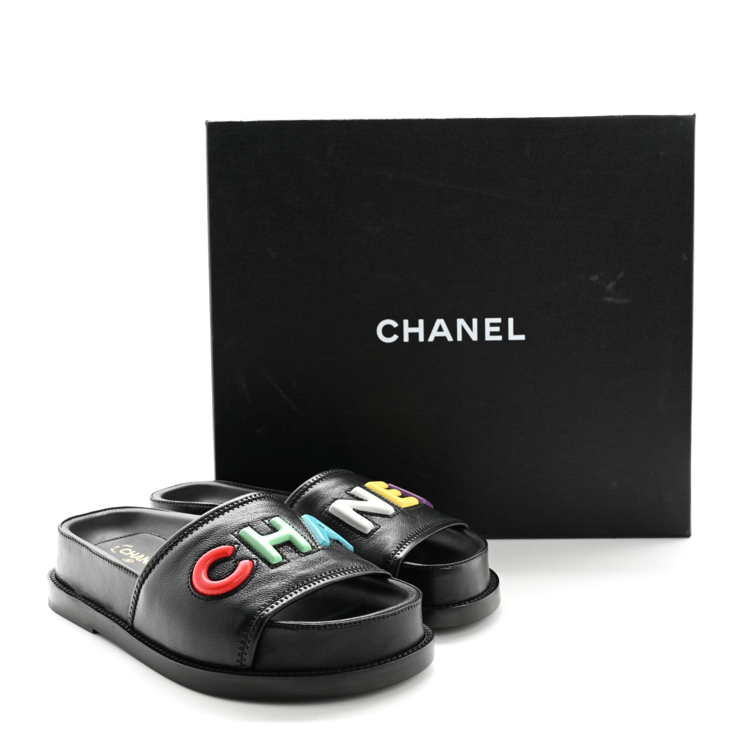 Chanel Lambskin Cha-Nel Mule Sandals 35 Black Multicolor 10 of 10