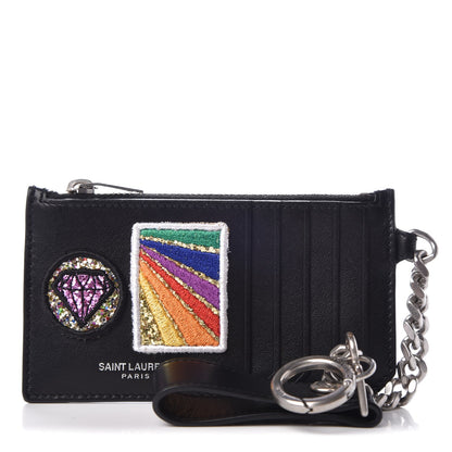Saint Laurent Calfskin Paris Rainbow Fragments Zip Pouch Card Holder Black 1 of 8