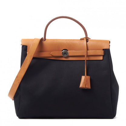 Hermes Toile Vache Calfskin Herbag PM 30 Black Natural 1 of 15