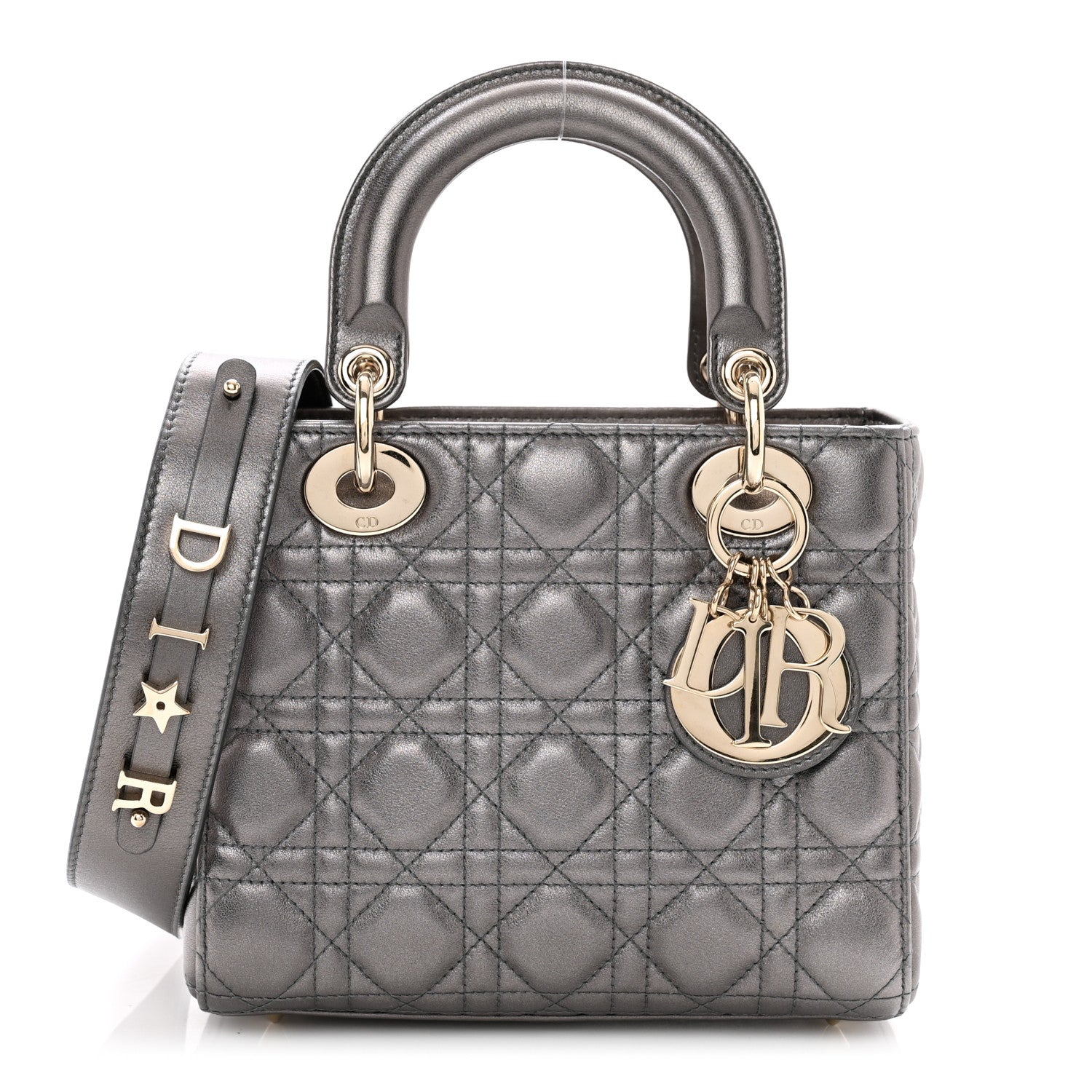 Christian Dior CHRISTIAN DIOR Metallic Grained Calfskin Cannage Small Lady Dior Gunmetal 1 of 9