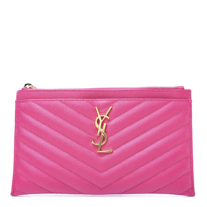 Saint Laurent Grain De Poudre Chevron Monogram Bill Pouch Bright Pink 1 of 13