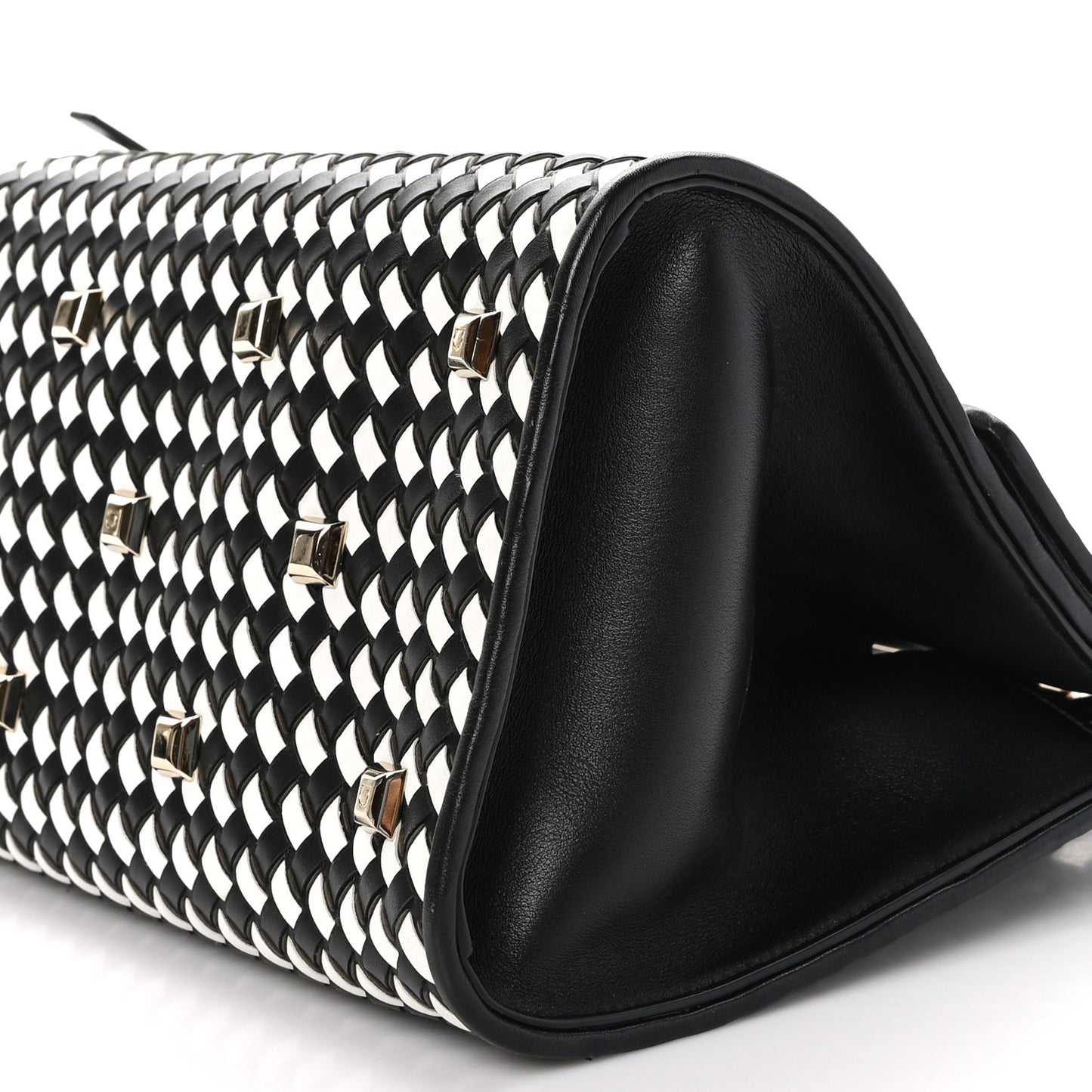 Woven Calfskin Medium Studio Top Handle Bag Black White