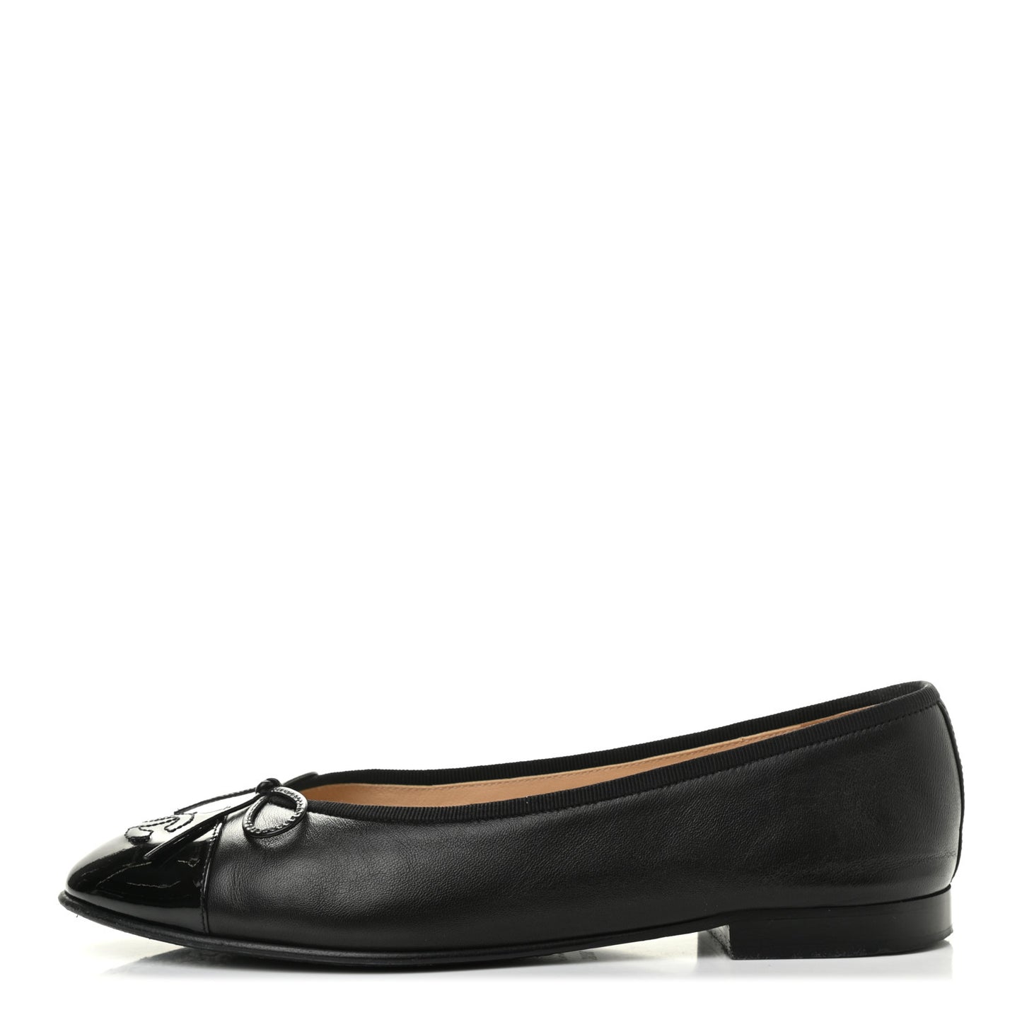 Lambskin Patent Cap Toe Camellia Ballerina Flats 38.5 Black