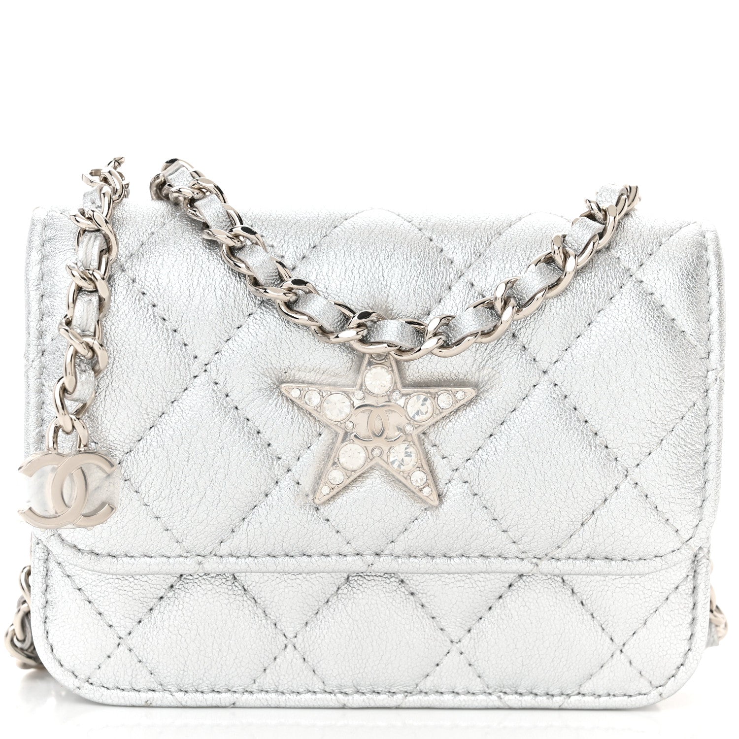 Chanel Metallic Goatskin Quilted Crystal CC Walk Of Fame Clutch With Chain Silver 10 of 13