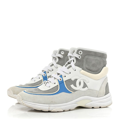 Chanel Suede Calfskin Lambskin High Top CC Sneakers 37 White Blue 3 of 14