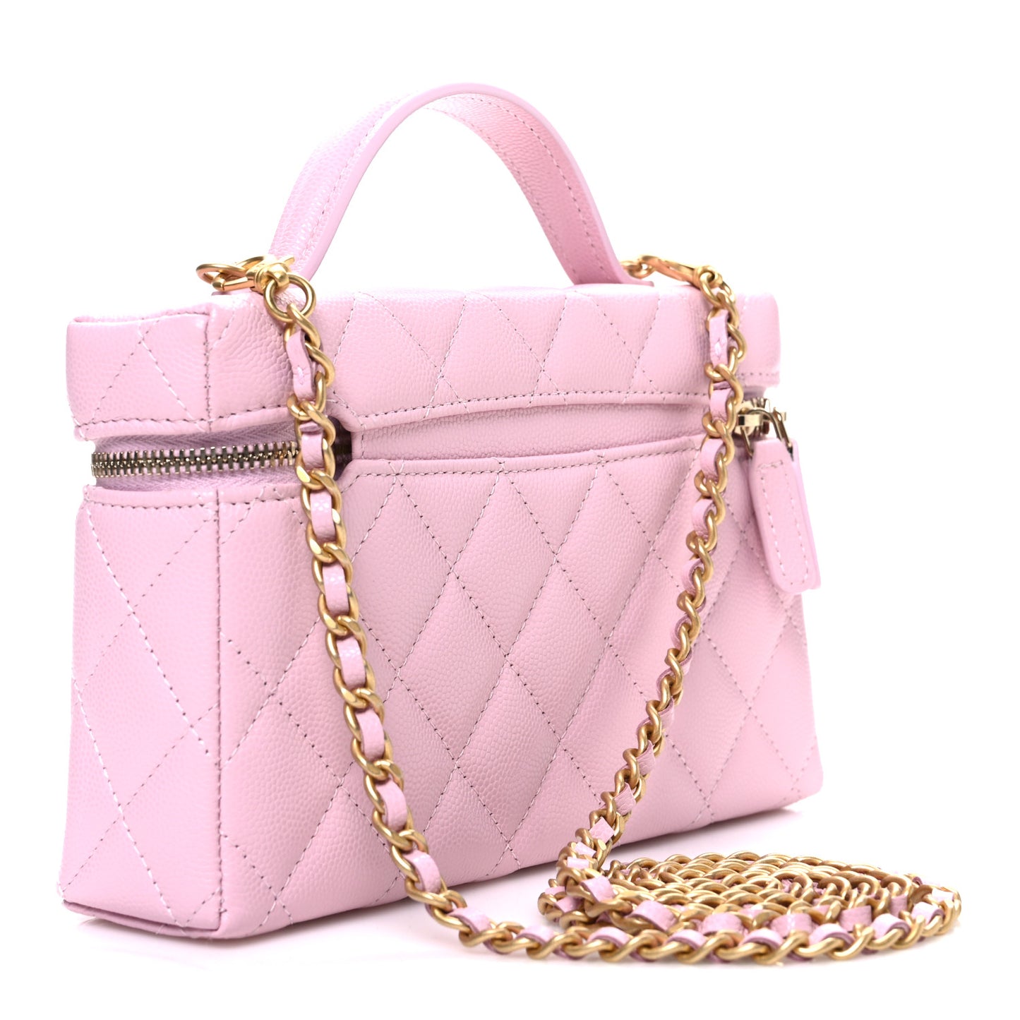 Caviar Quilted Textured CC Top Handle Slim Vanity With Chain Light Pink