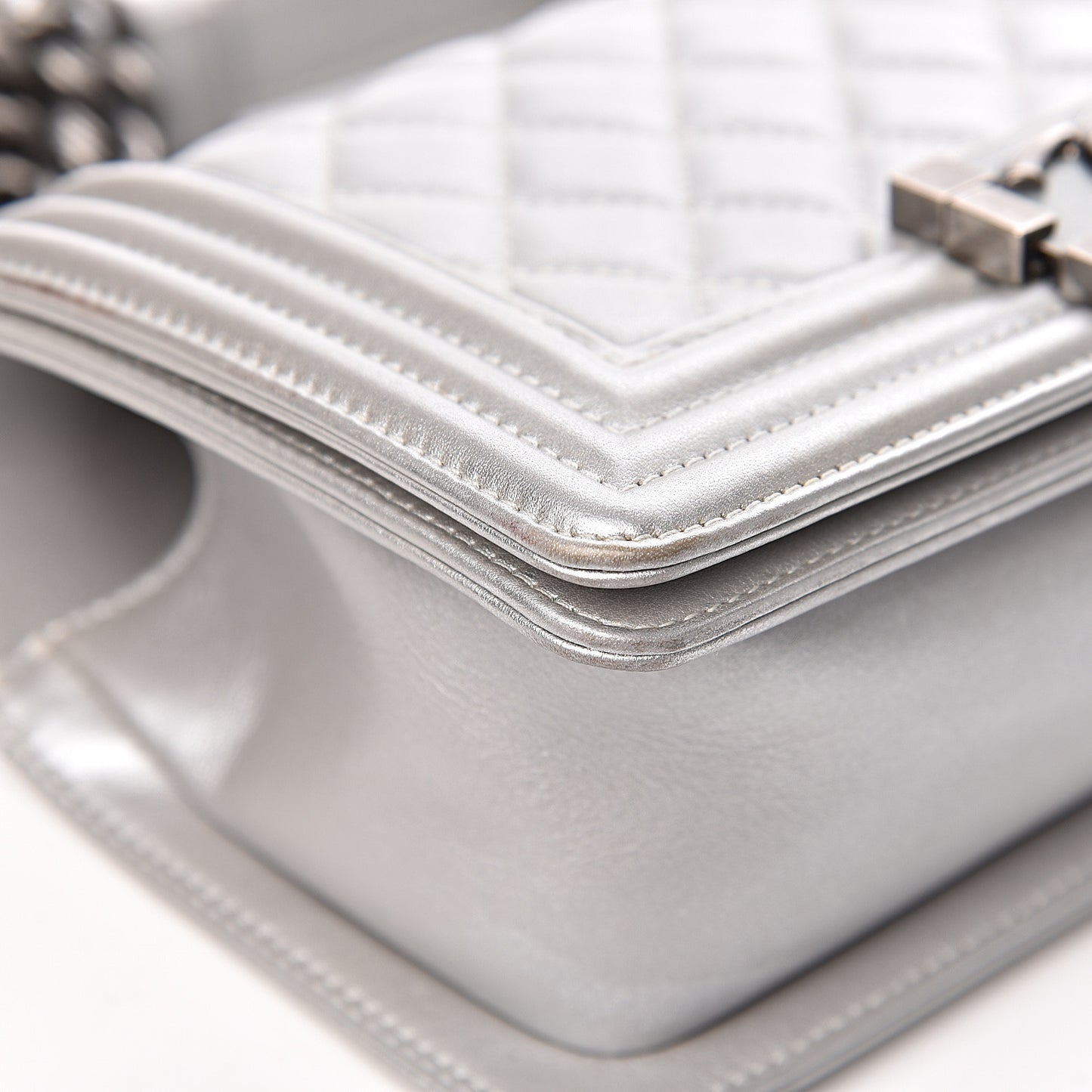 Metallic Calfskin Quilted Small Boy Flap Silver