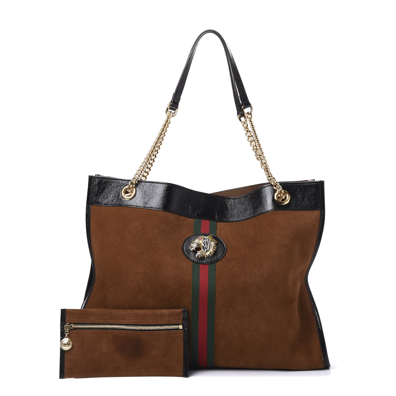 Gucci Suede Patent Large Rajah Chain Tote Nocciola Black 1 of 7