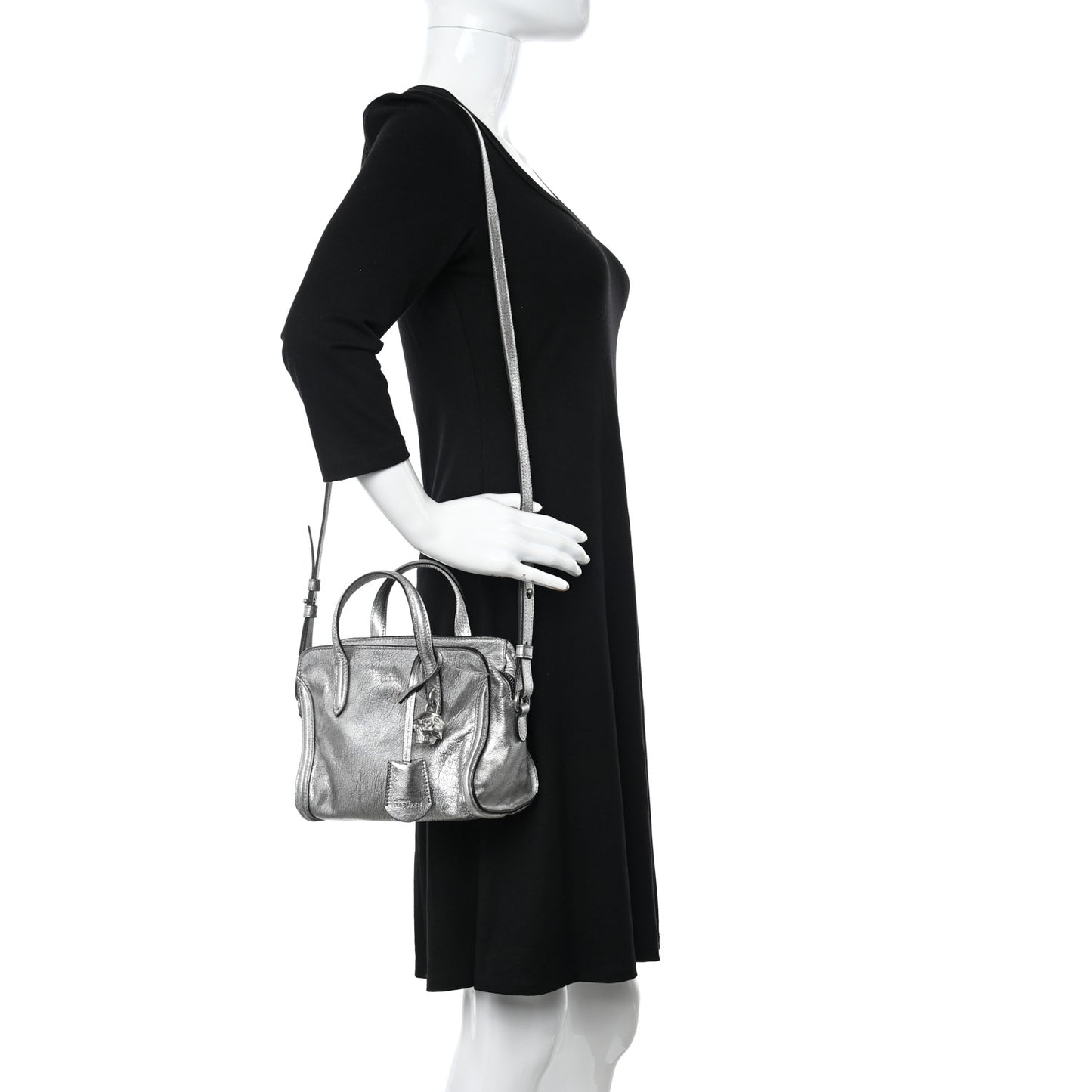 Metallic Pebbled Calfskin Mini Padlock Tote Silver