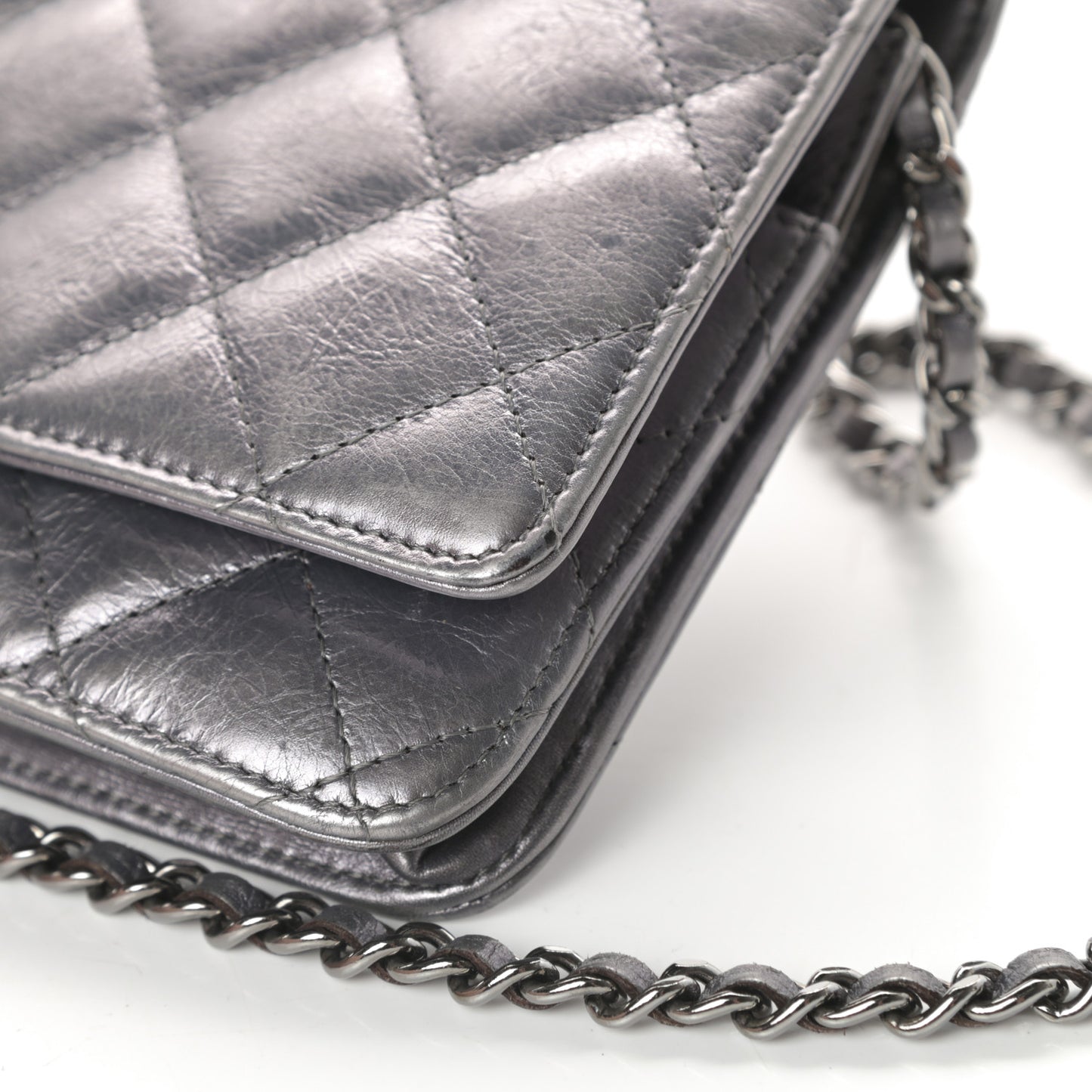 Metallic Aged Calfskin Quilted Reissue Wallet On Chain WOC Dark Silver