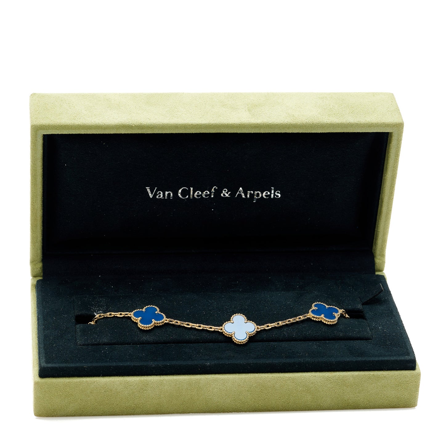 18K Yellow Gold Blue Agate 5 Motifs Vintage Alhambra Bracelet
