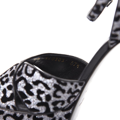 Saint Laurent Velvet Glitter Leopard Print Platform Sandals 37.5 Argento Black 8 of 9