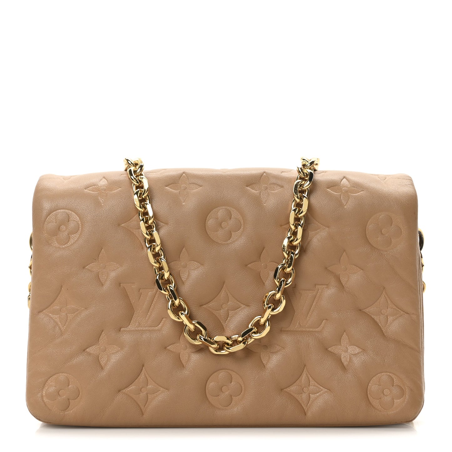 Lambskin Embossed Monogram Pochette Coussin Camel