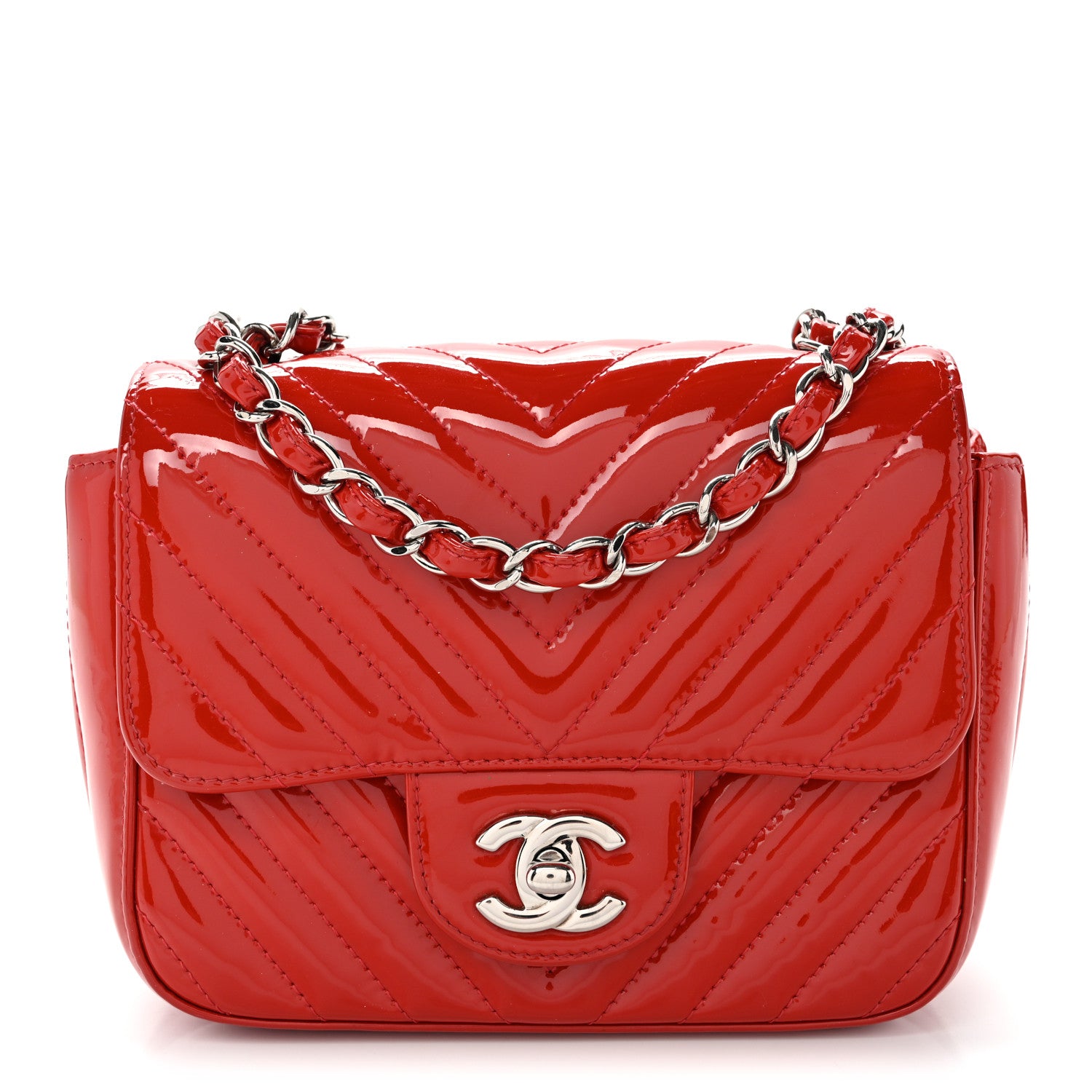 Chanel Patent Chevron Quilted Mini Square Flap Red 1 of 12