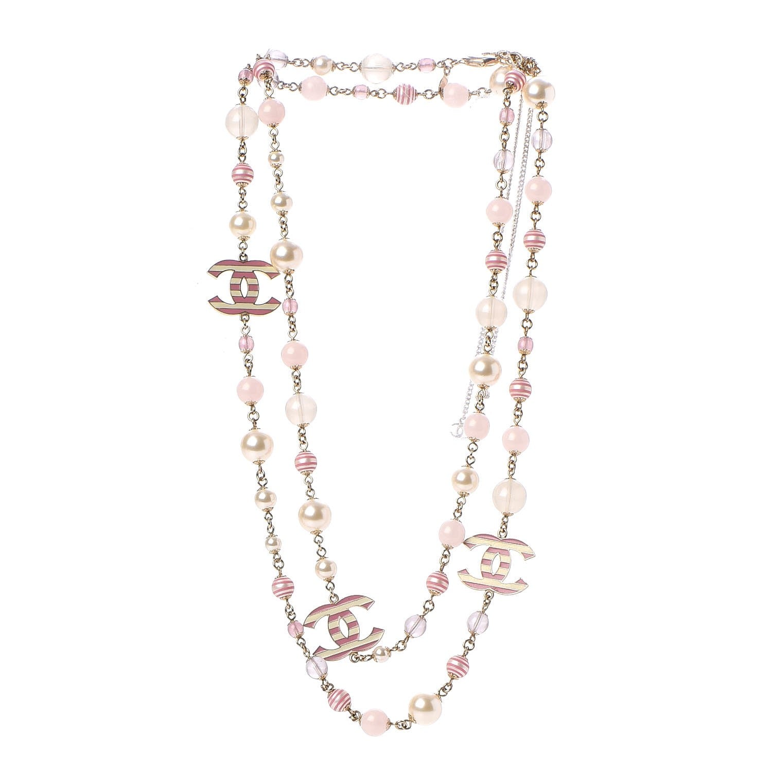 Chanel Enamel Striped Pearl CC Long Necklace Pink Gold 3 of 7