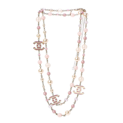 Chanel Enamel Striped Pearl CC Long Necklace Pink Gold 3 of 7