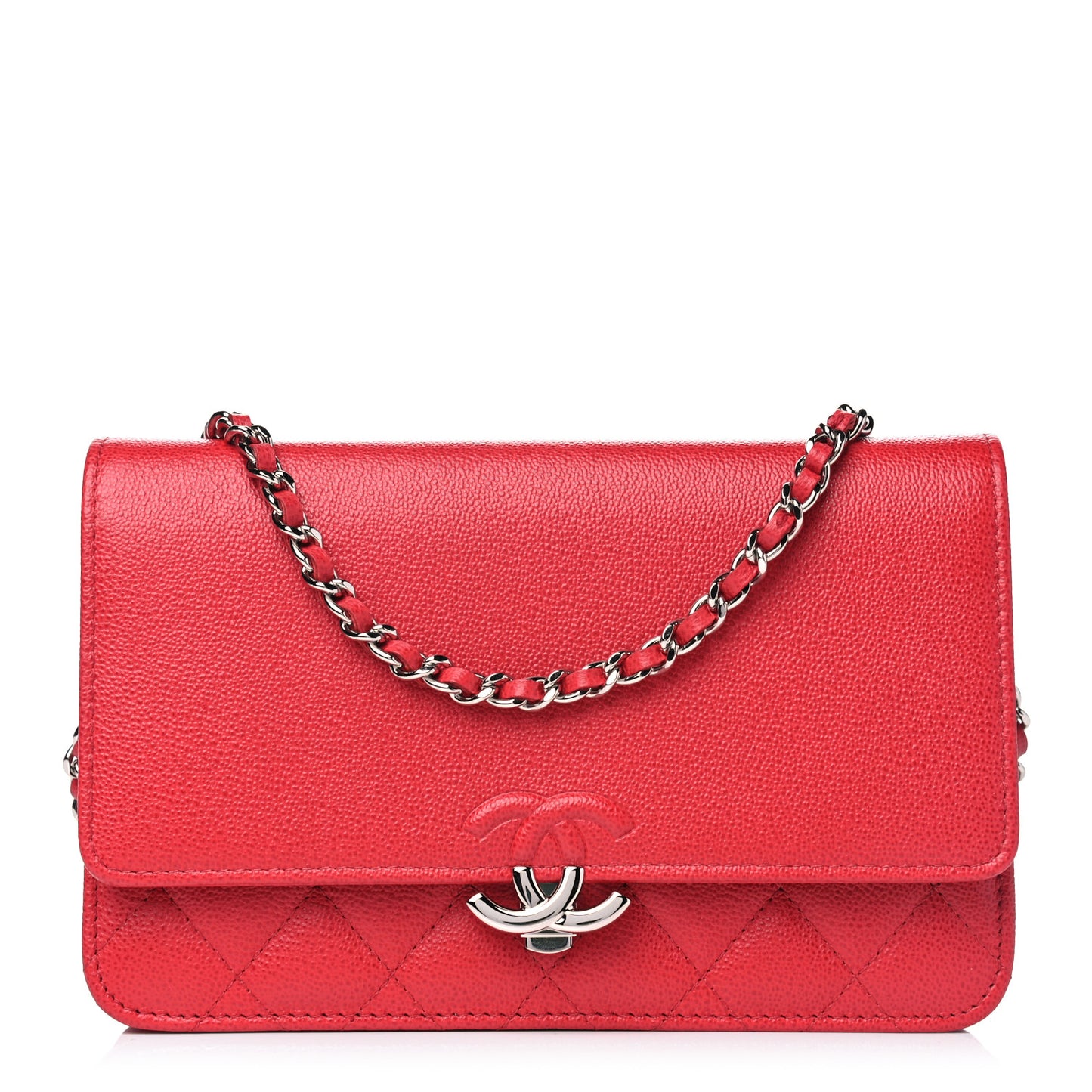 Grained Calfskin Quilted CC Box Wallet On Chain WOC Red