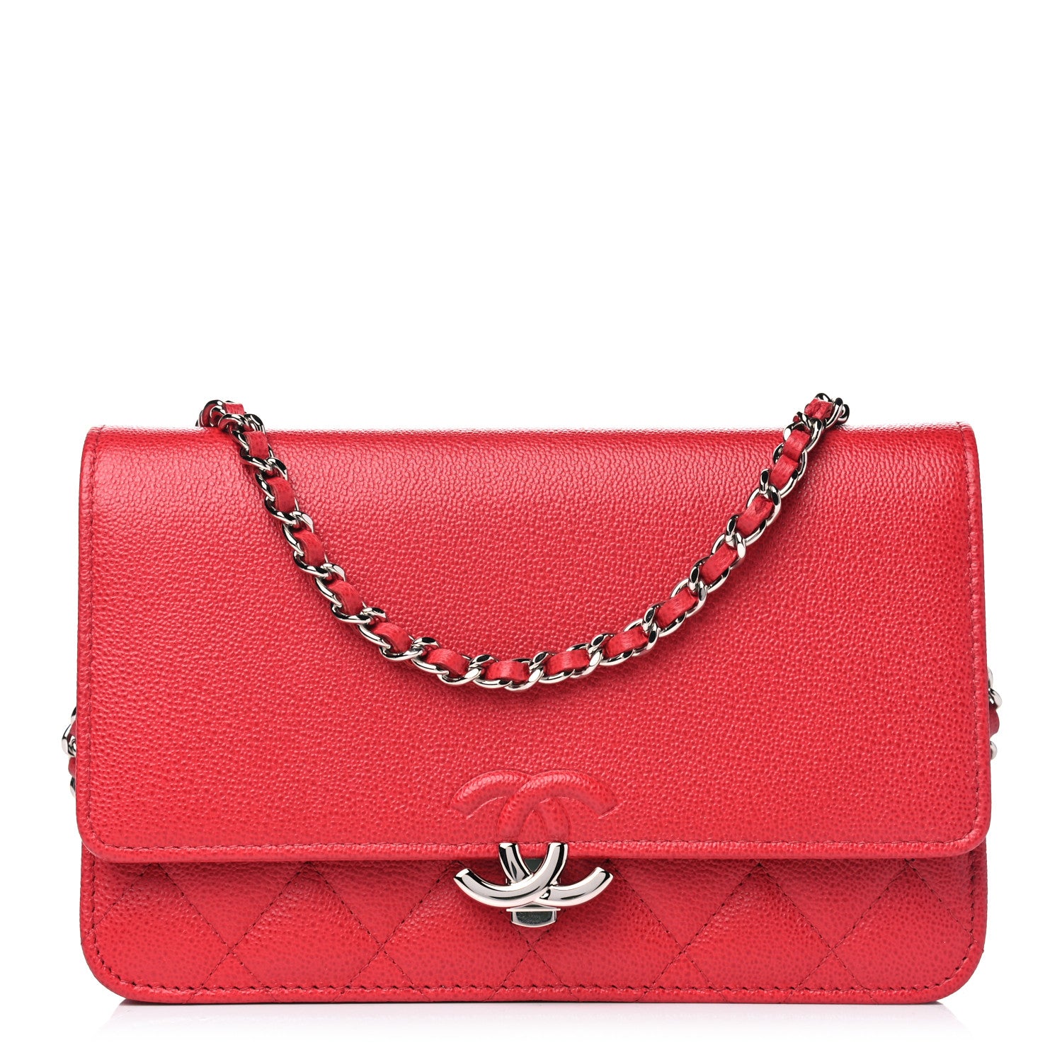 Chanel Grained Calfskin Quilted CC Box Wallet On Chain WOC Red 1 of 5