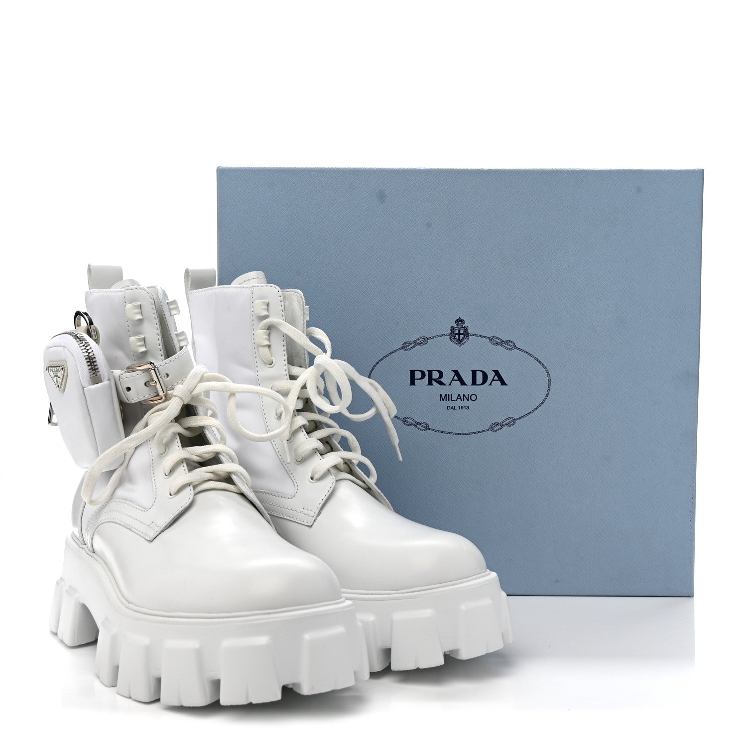 Prada Spazzolato Rois Re-Nylon Metal Triangle Logo Monolith Pouch Pocket 55mm Boots 40.5 White 15 of 15