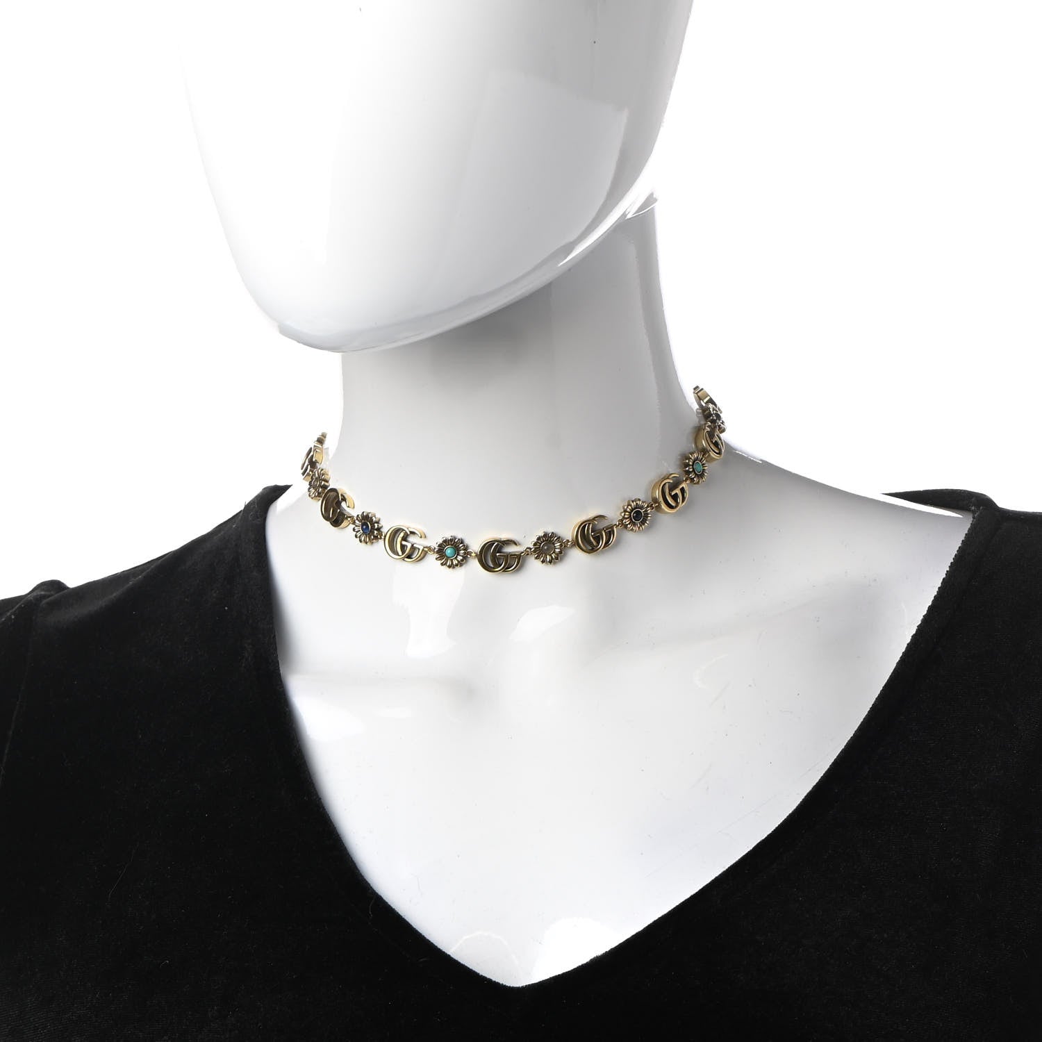 Gucci Metal Crystal Flower Feline Head Choker Aged Gold Multicolor 2 of 7