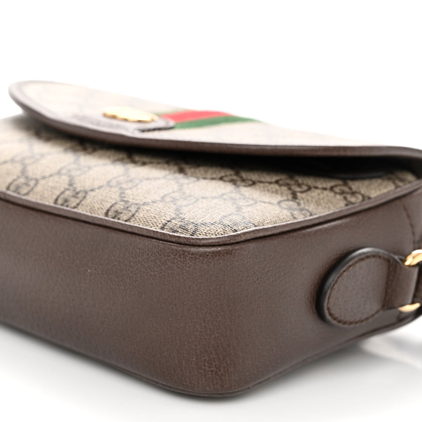 GG Supreme Monogram Textured Dollar Calfskin Web Studded Mini Ophidia Flap Shoulder Bag Beige Ebony New Acero
