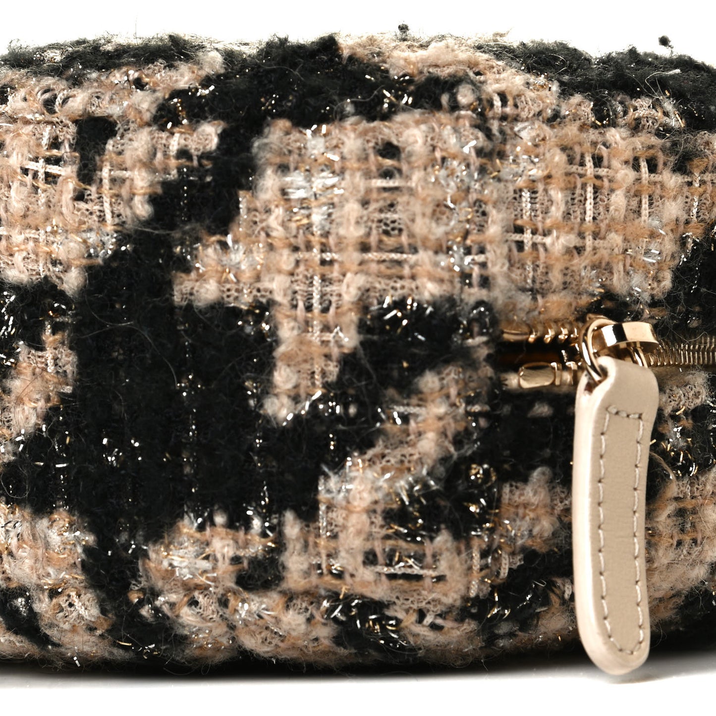 Tweed Shearling Round Clutch With Chain and Coin Purse Beige Black