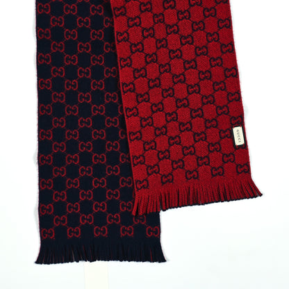 Gucci Wool GG Monogram Knit Longfog Fringe Scarf Midnight Blue Red 2 of 4