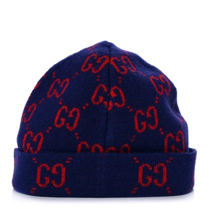 Gucci Wool GG Monogram Beanie Hat L Navy Red 3 of 5