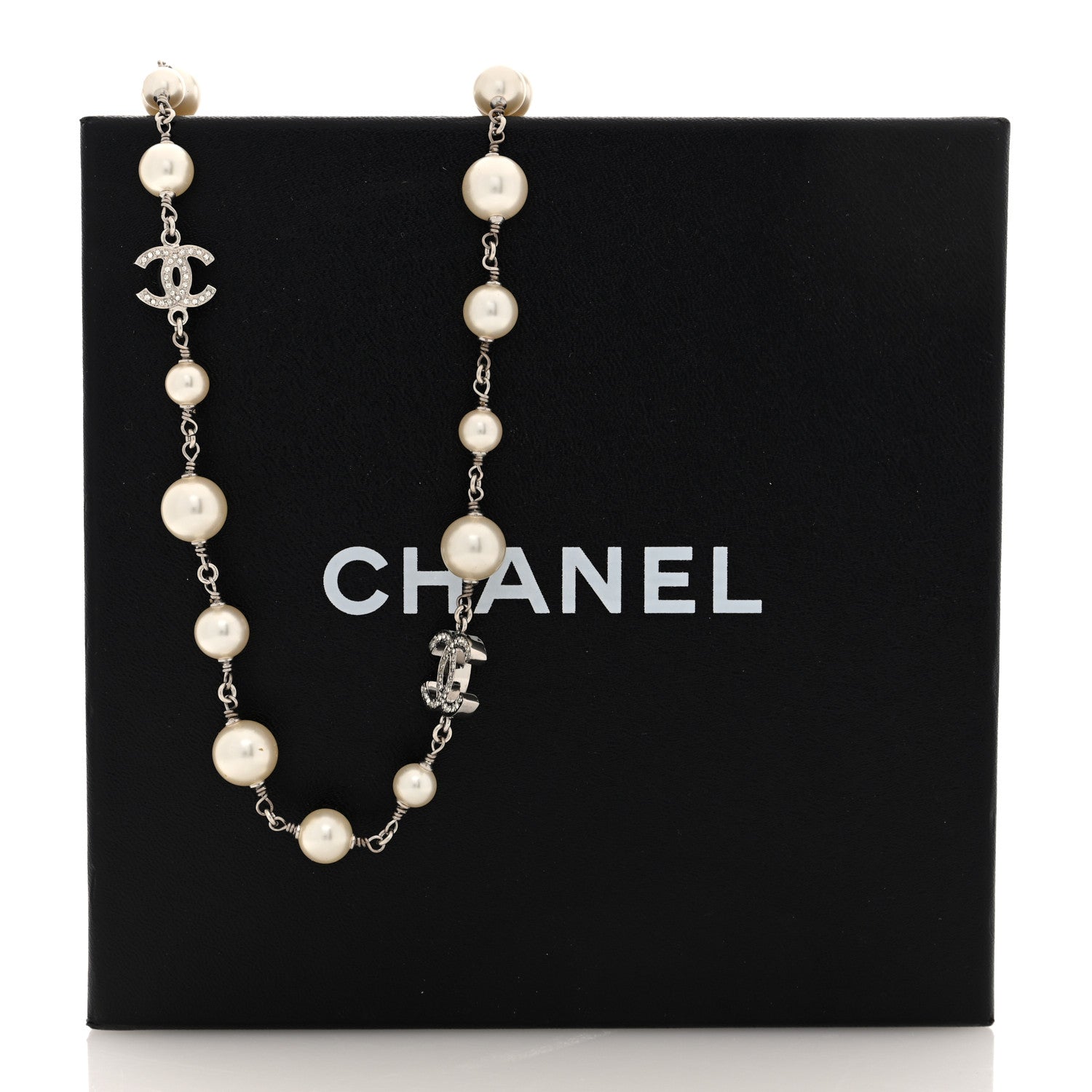 Chanel Crystal Pearl CC Long Necklace Silver 5 of 5