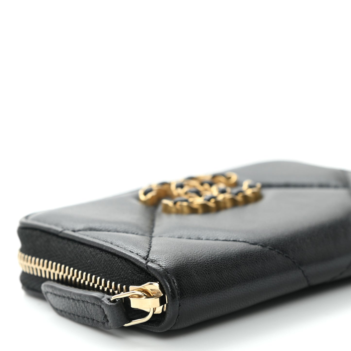 Lambskin Quilted Chanel 19 Zip Around Coin Purse Wallet Black