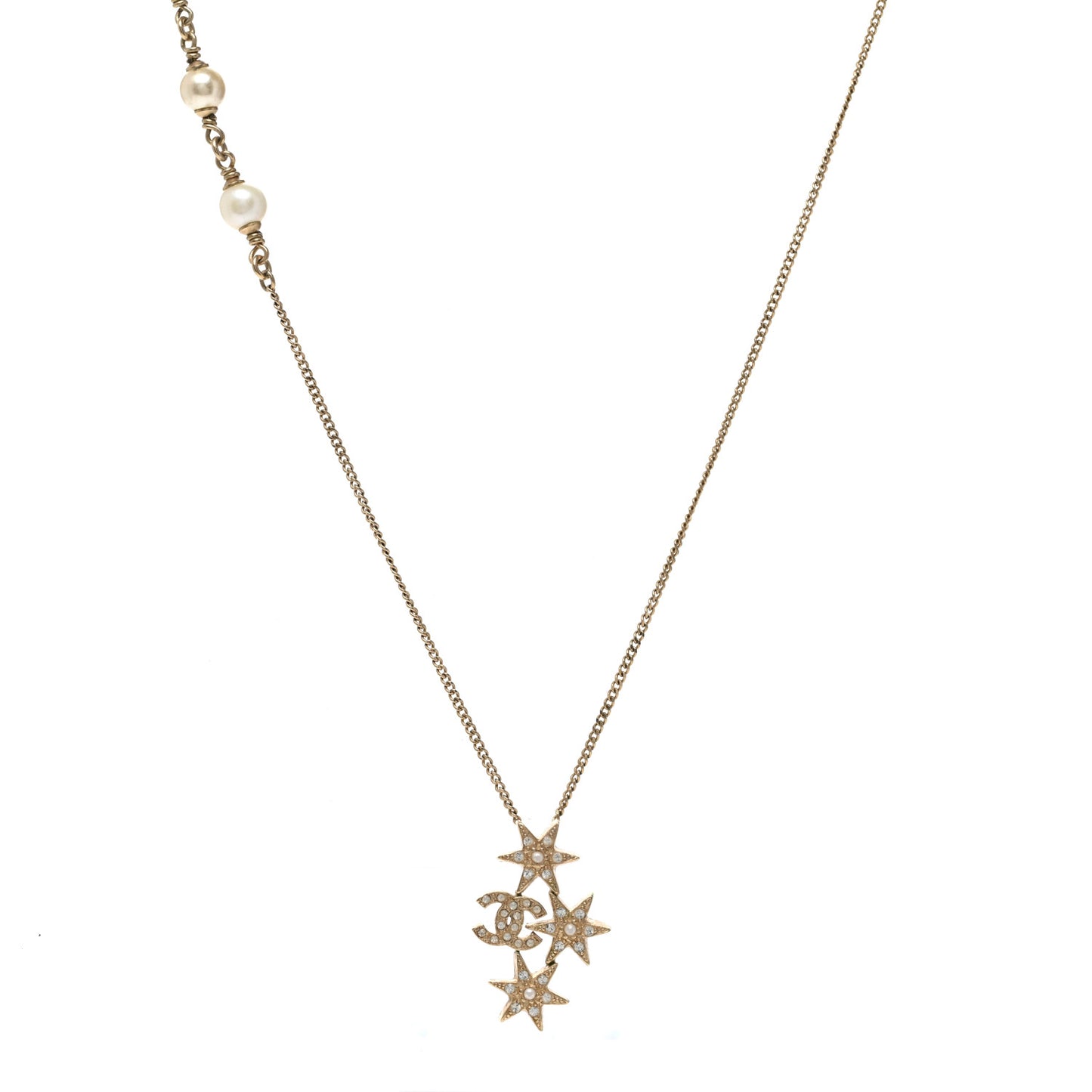 Crystal Pearl CC Star Necklace Gold