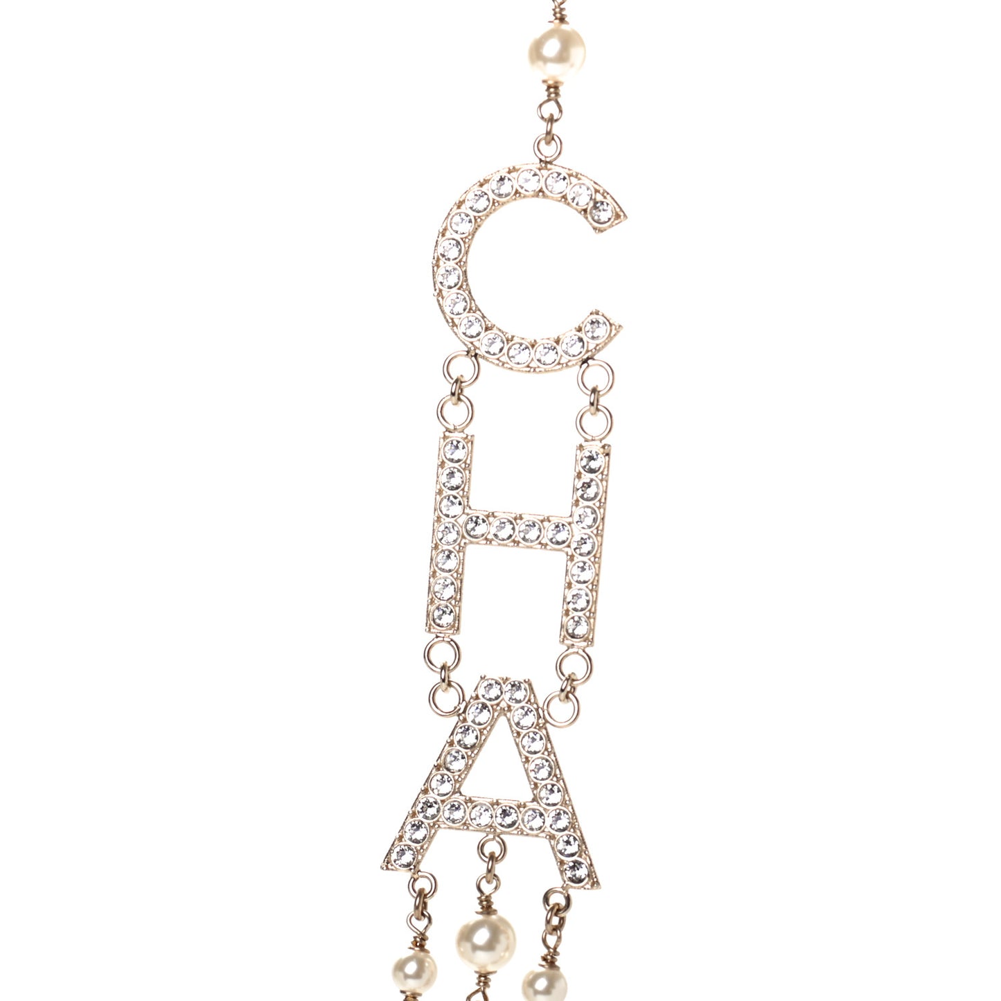 Pearl Crystal Cha-Nel Logo Necklace Gold