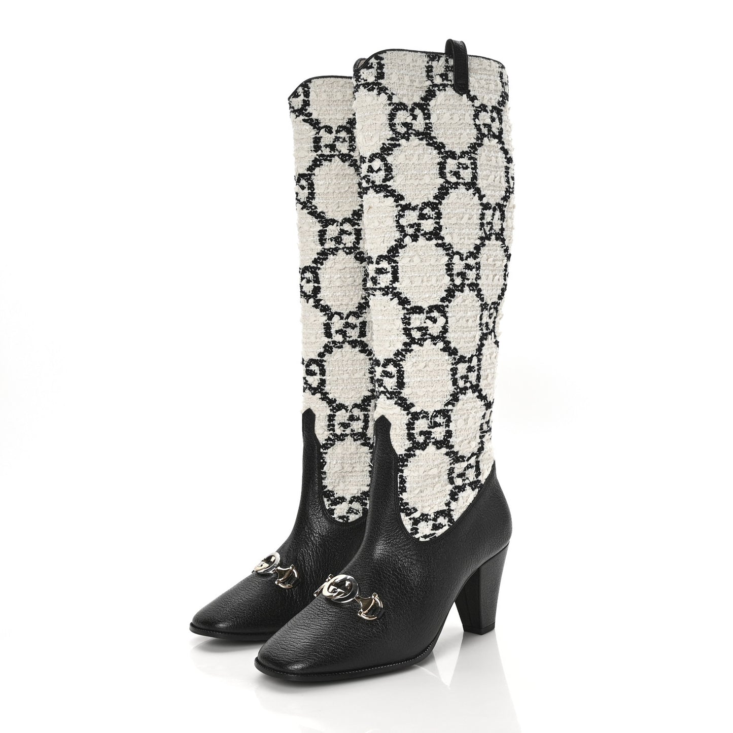 Tweed GG Monogram Wrinkled Kid Zumi Knee Boots 36 Natural Black