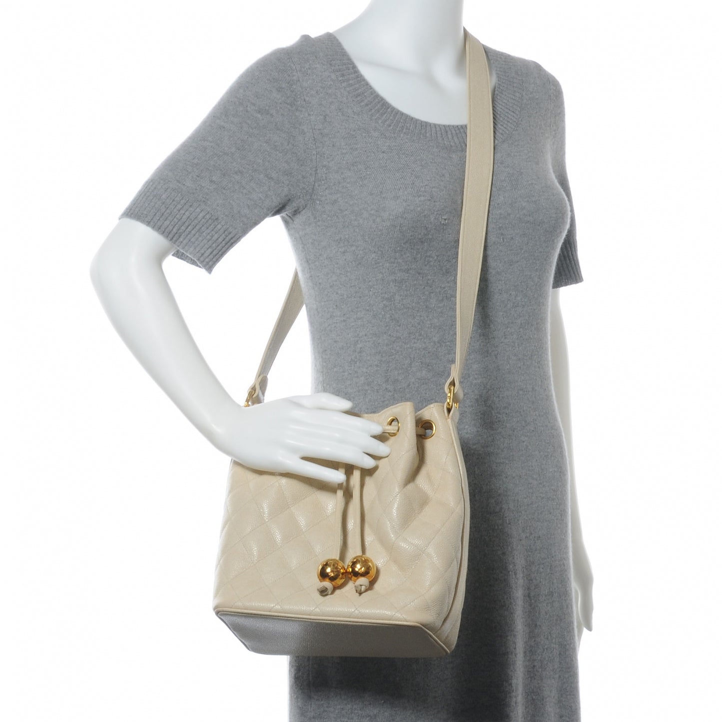 Caviar Drawstring Shoulder Bag Beige