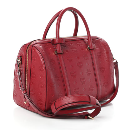 MCM Calfskin Ottomar Monogram Boston Bag Red 3 of 9