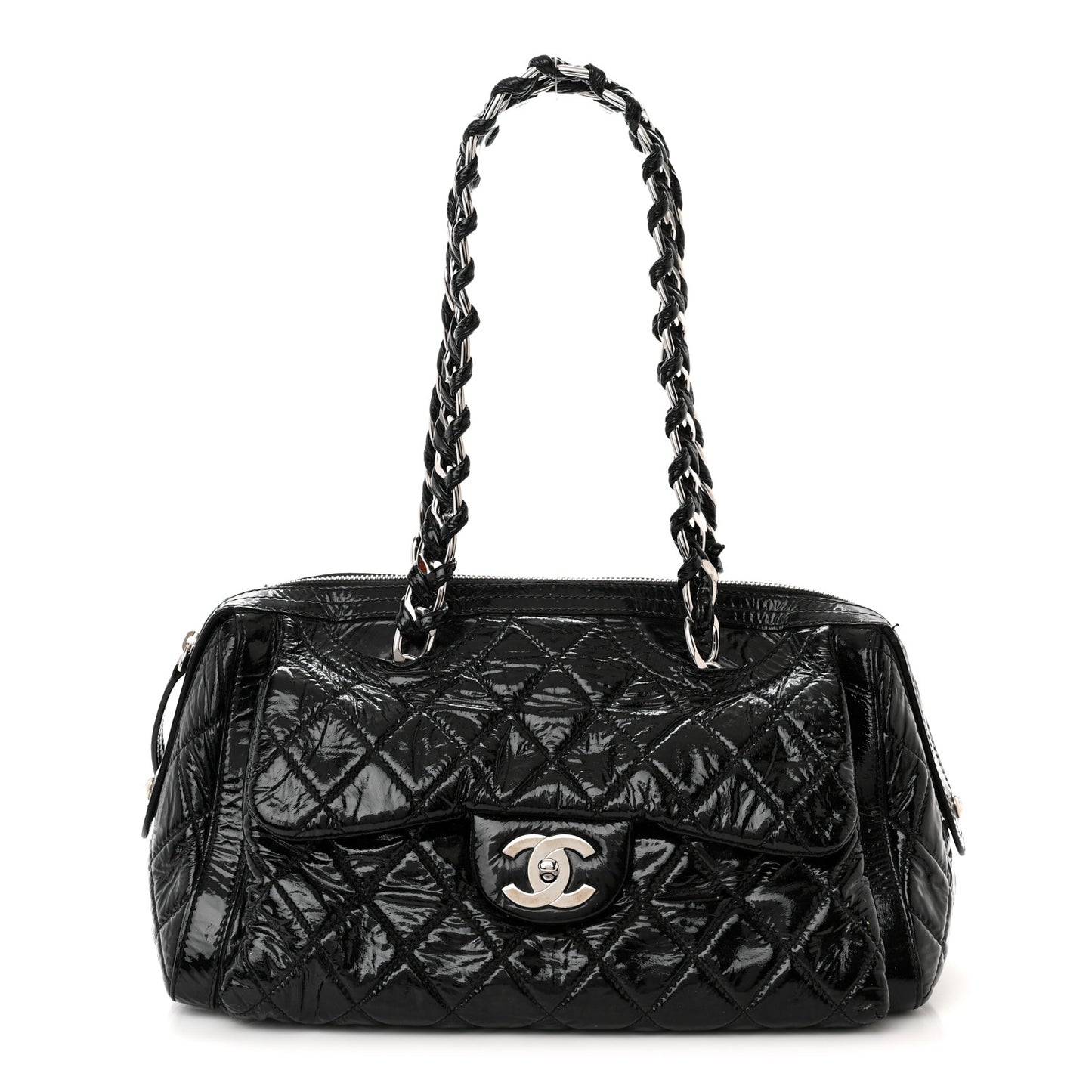 Patent Quilted Day Glo Flap Bag Black
