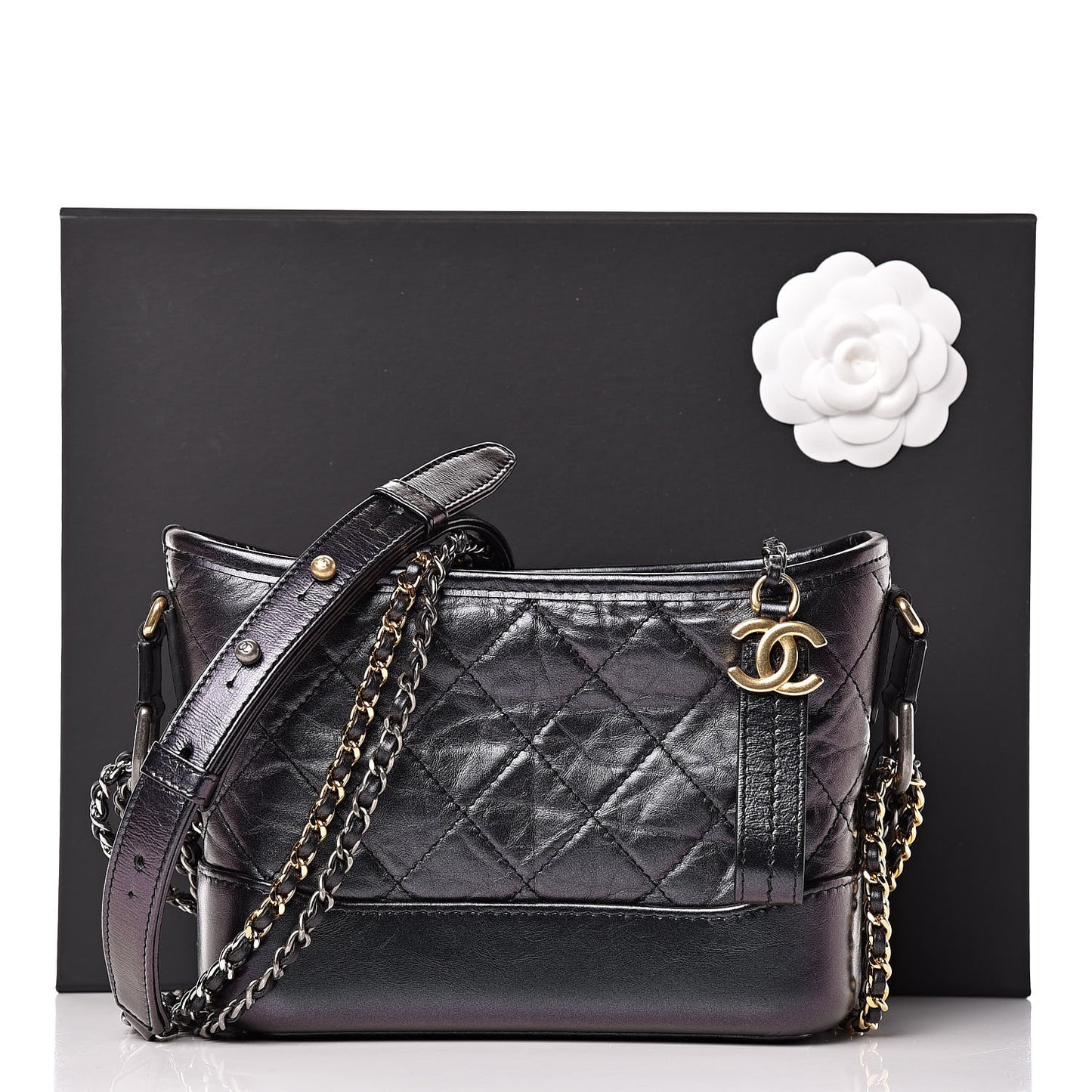 Iridescent Aged Calfskin Quilted Small Gabrielle Hobo Black