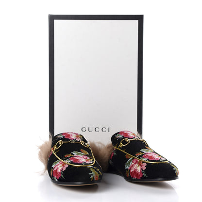 Gucci Velvet Fur Floral Womens Princetown Slippers 38 Black 9 of 9