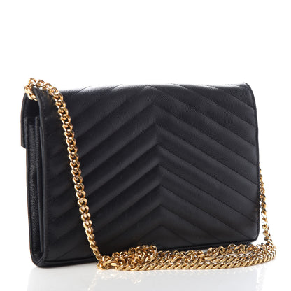 Saint Laurent Grain De Poudre Matelasse Chevron Monogram Chain Wallet Black 3 of 9