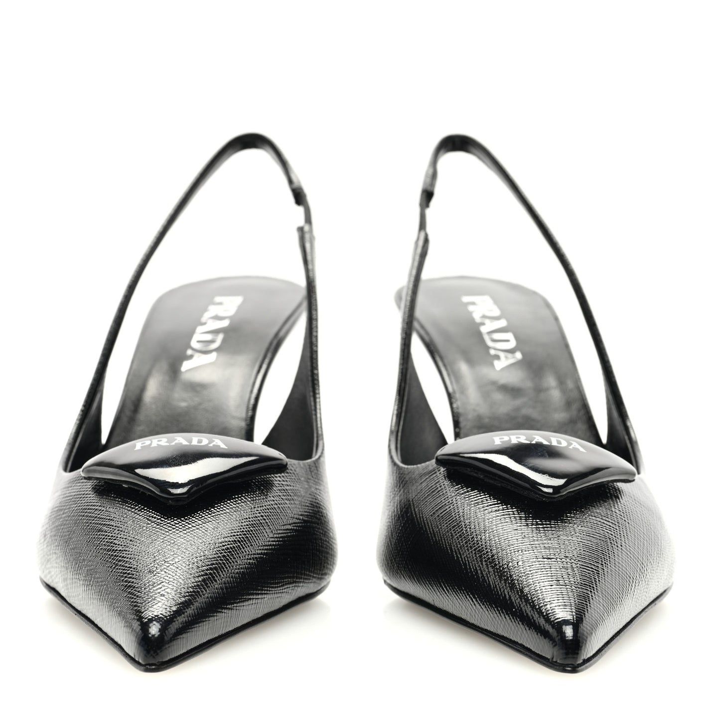 Vernice Saffiano Triangle Logo Pointed Toe 75mm Slingback Pumps 37.5 Black