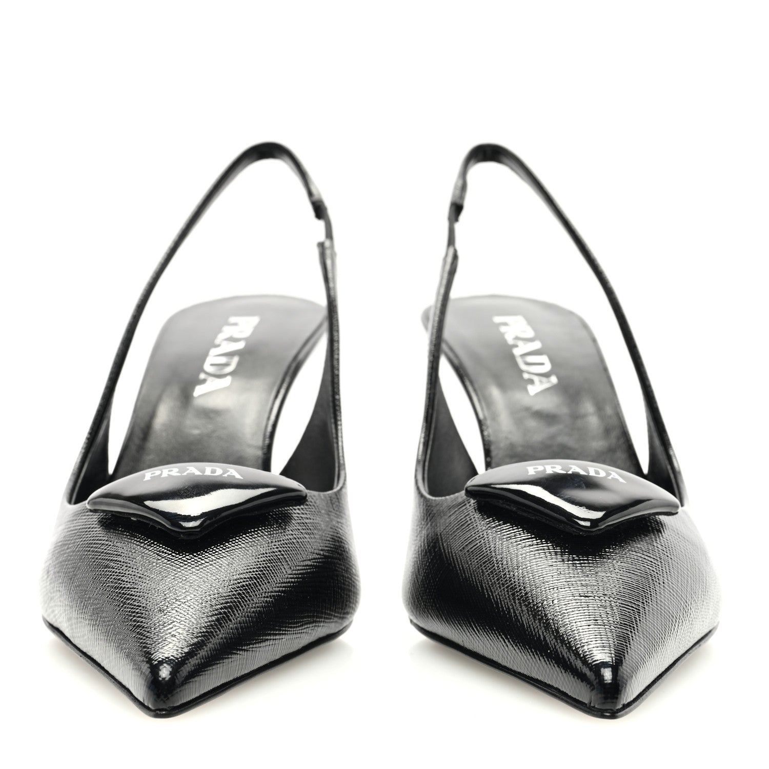 Prada Vernice Saffiano Triangle Logo Pointed Toe 75mm Slingback Pumps 37.5 Black 3 of 8