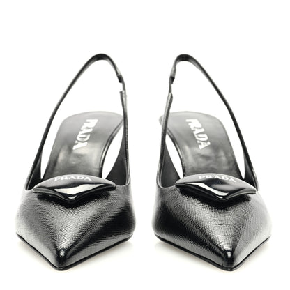 Prada Vernice Saffiano Triangle Logo Pointed Toe 75mm Slingback Pumps 37.5 Black 3 of 8