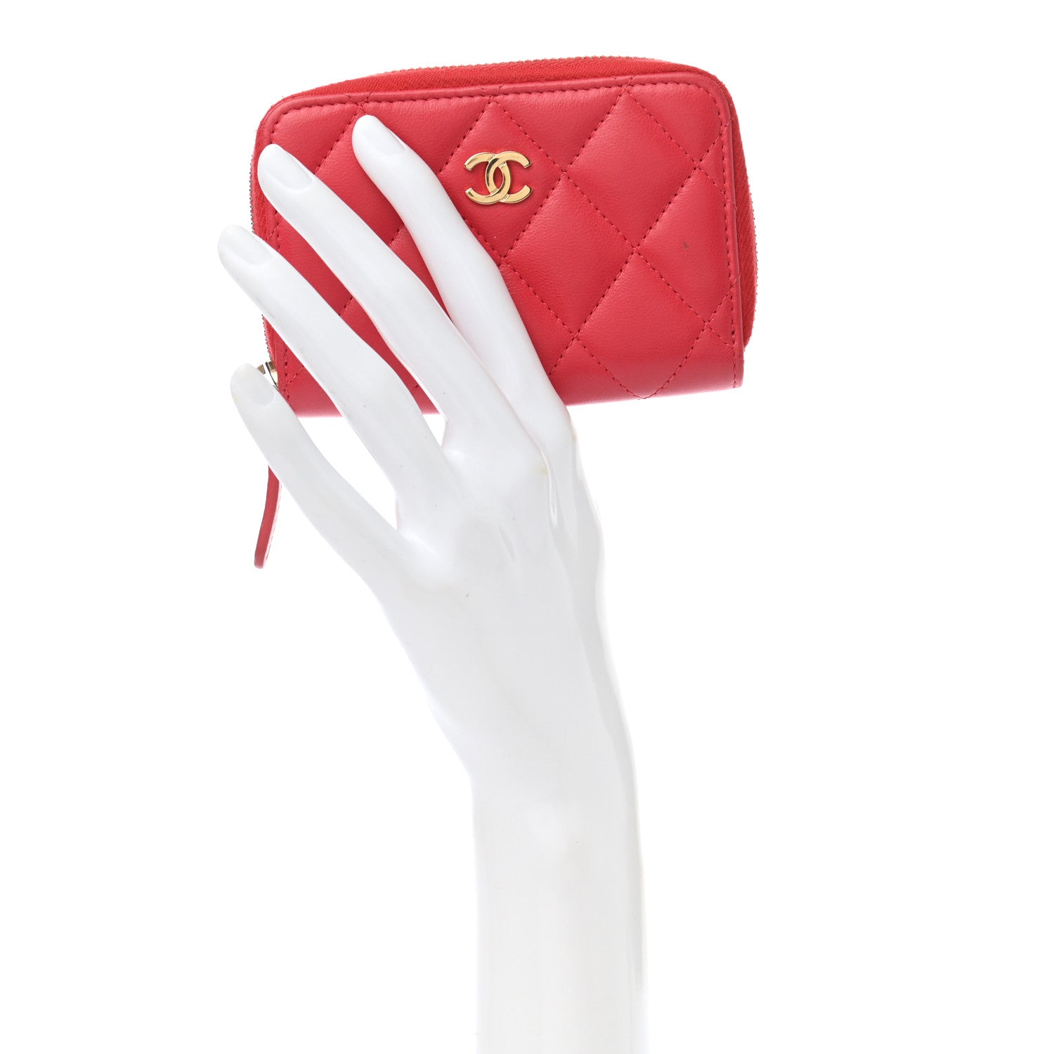 Chanel Lambskin Quilted Zip Around Coin Purse Wallet Light Red 2 of 9