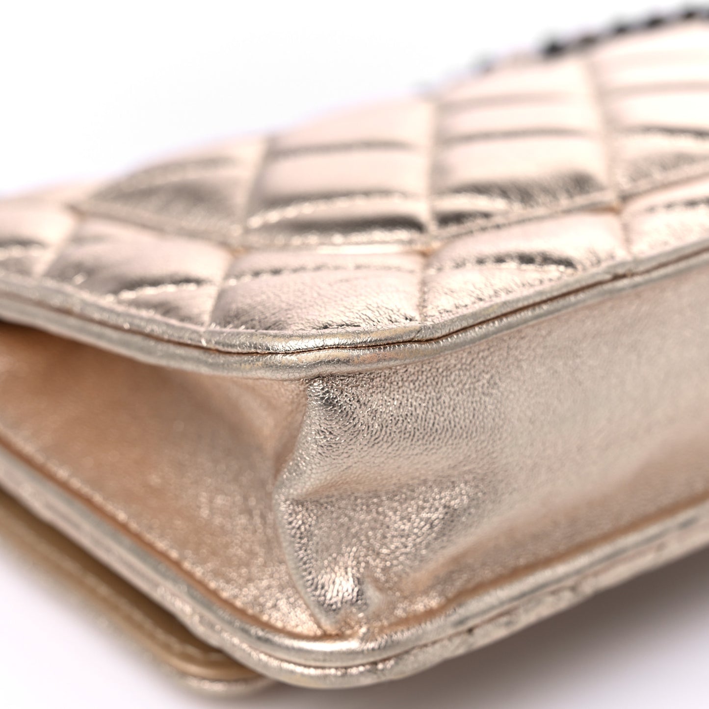 Metallic Lambskin Quilted Wallet On Chain WOC Gold Black