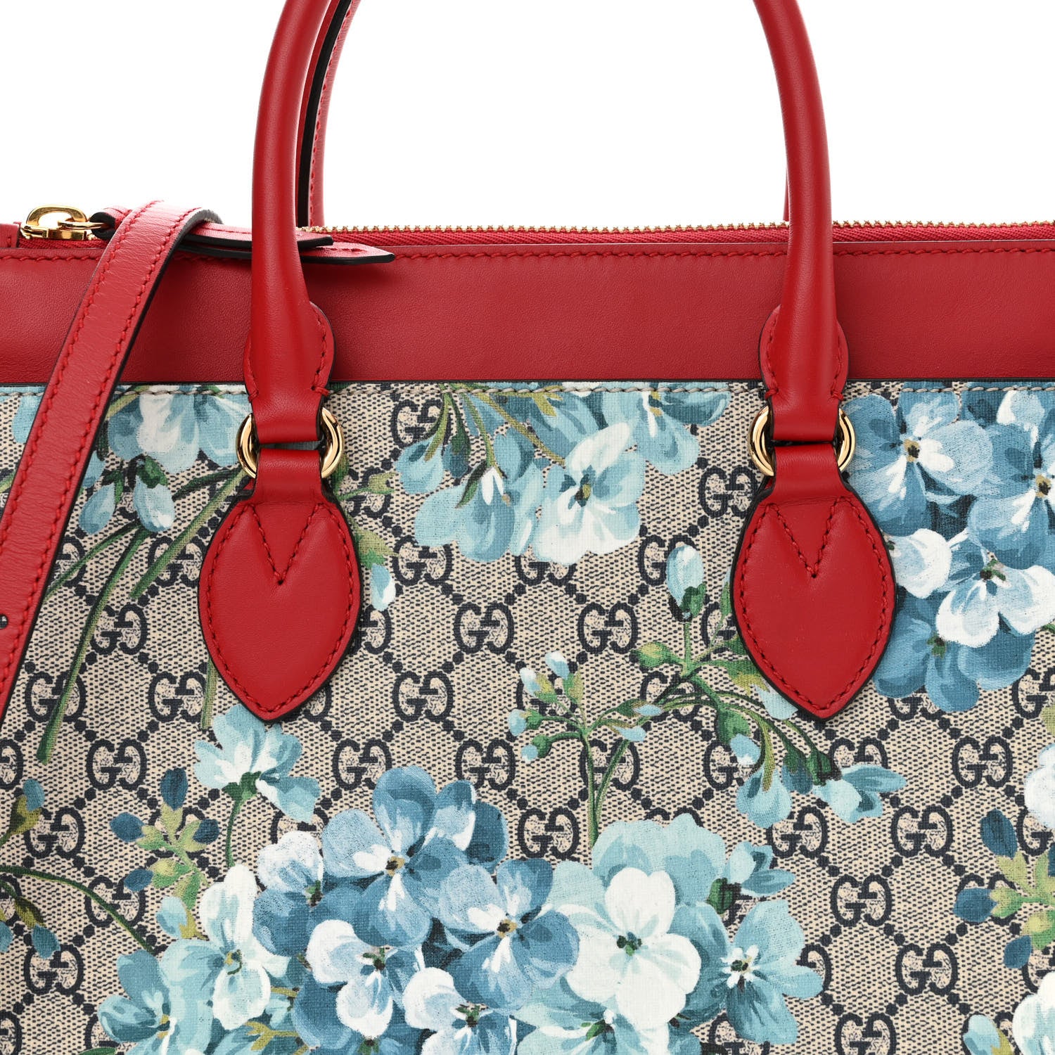 Gucci GG Supreme Monogram Blooms Medium Zip Top Tote Beige Blue Navy Hibiscus Red 9 of 12