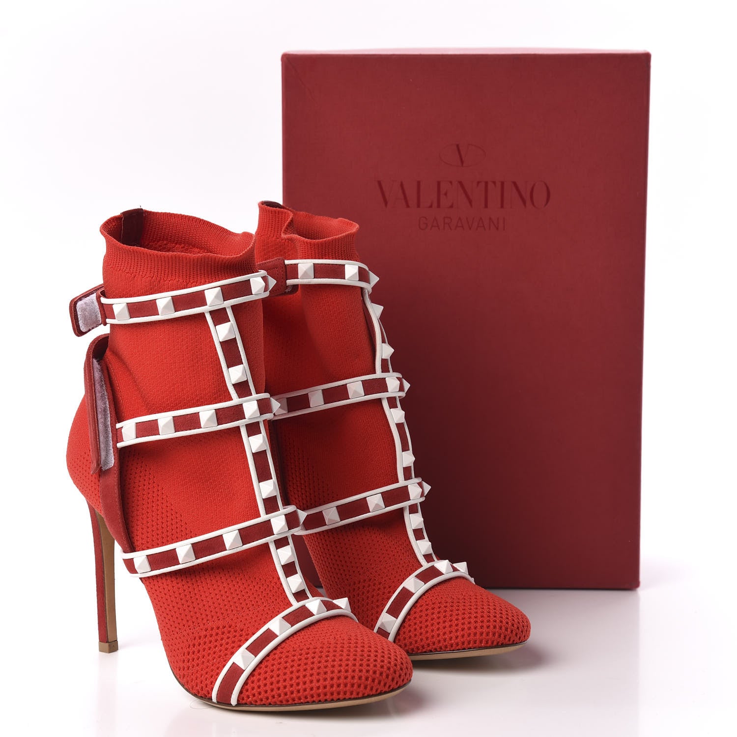 Valentino Garavani Knit Suede Free Rockstud Bodytech 105mm Ankle Boots 36 Rosso Valentino Optic White 8 of 8