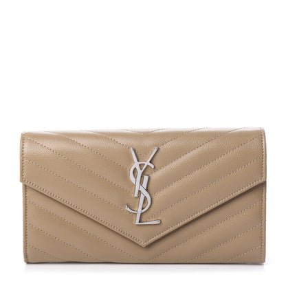 Saint Laurent Grain De Poudre Matelasse Chevron Monogram Flap Wallet Deep Beige 1 of 7