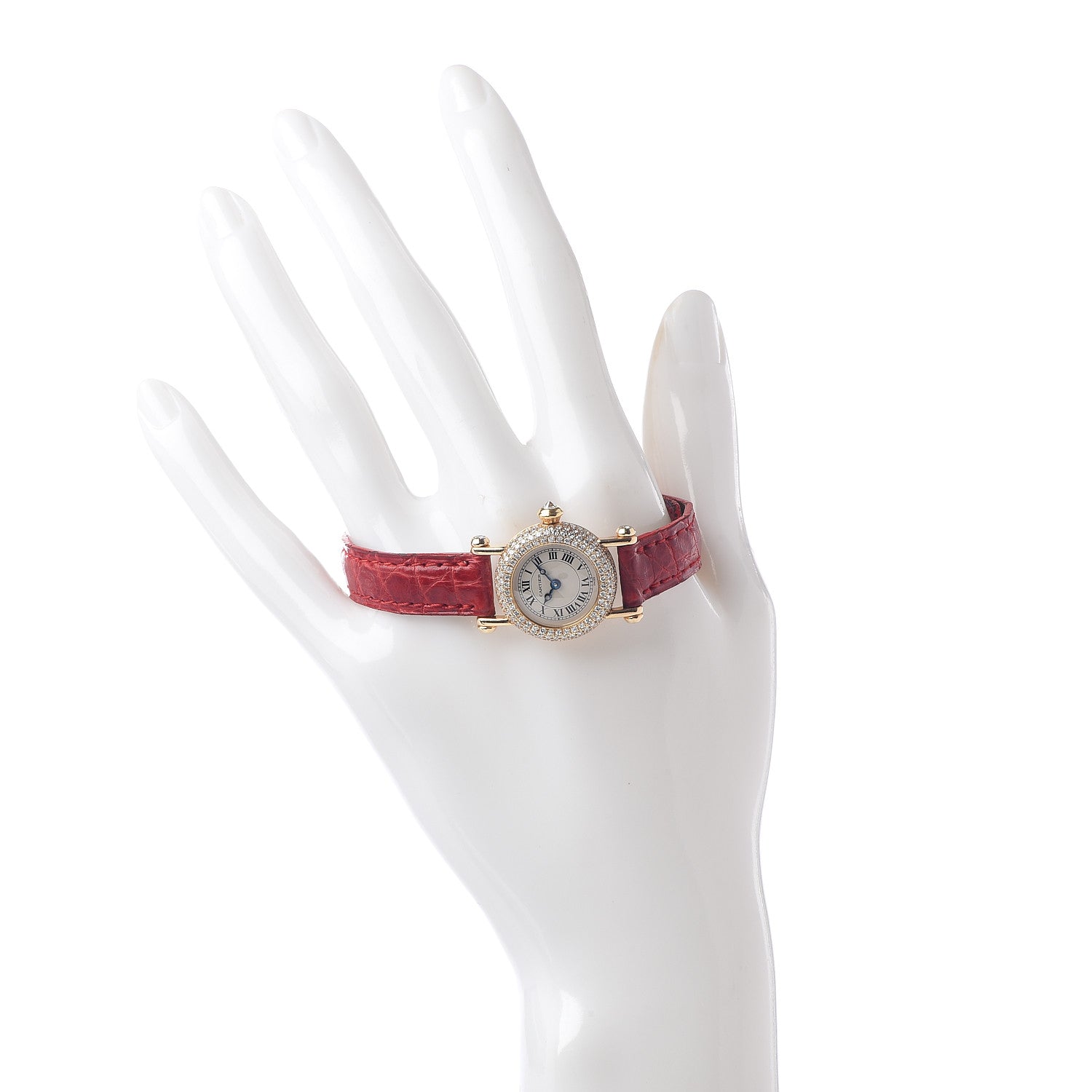 Cartier 18K Yellow Gold Alligator Diamond Bezel 20mm Diabolo Quartz Watch Red 2 of 10